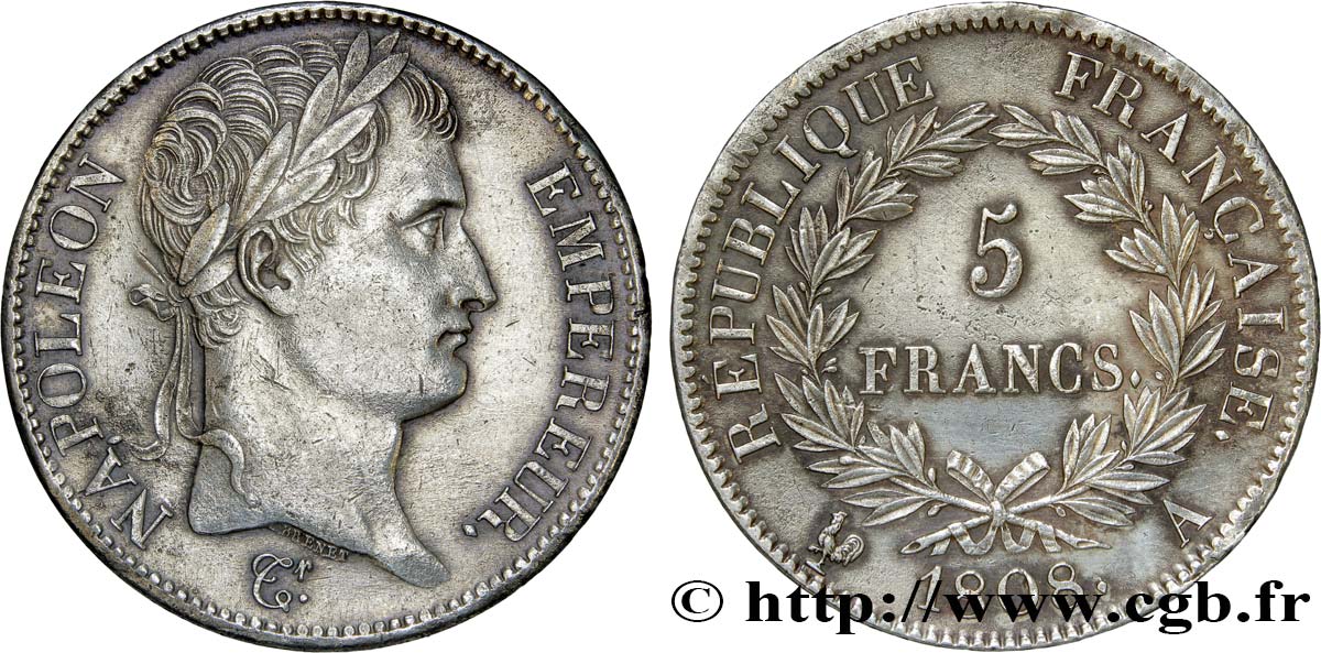 5 francs Napoléon Empereur, République française 1808 Paris F.306/2 AU52 