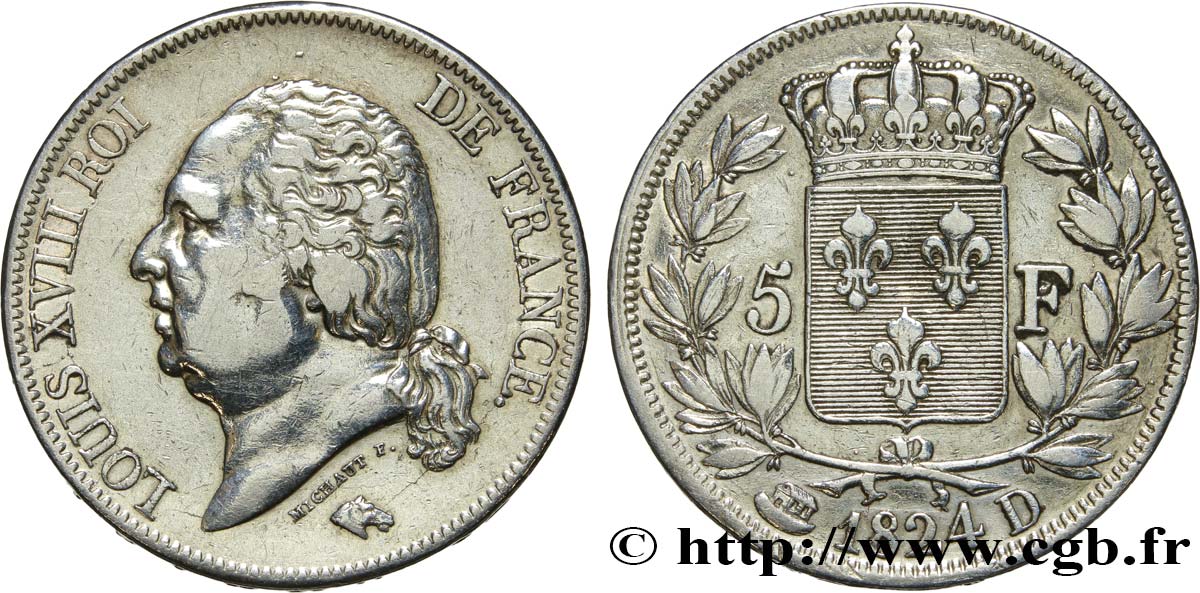 5 francs Louis XVIII, tête nue 1824 Lyon F.309/90 BC35 