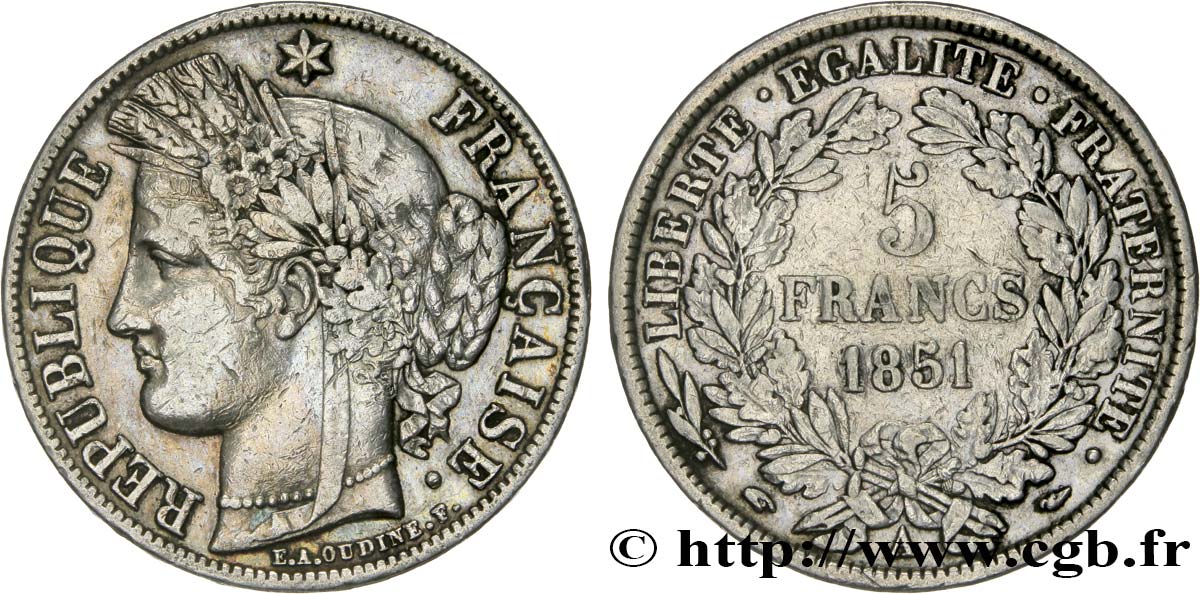 5 francs Cérès, IIe République 1851 Paris F.327/7 MBC40 