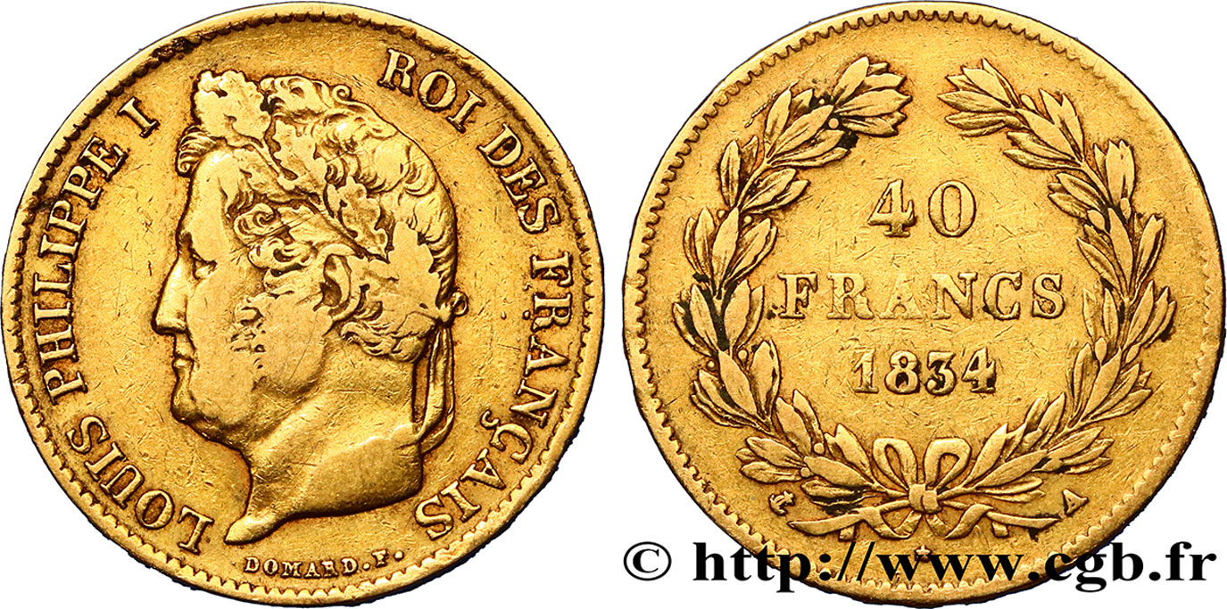 40 francs or Louis-Philippe 1834 Paris F.546/6 VF35 