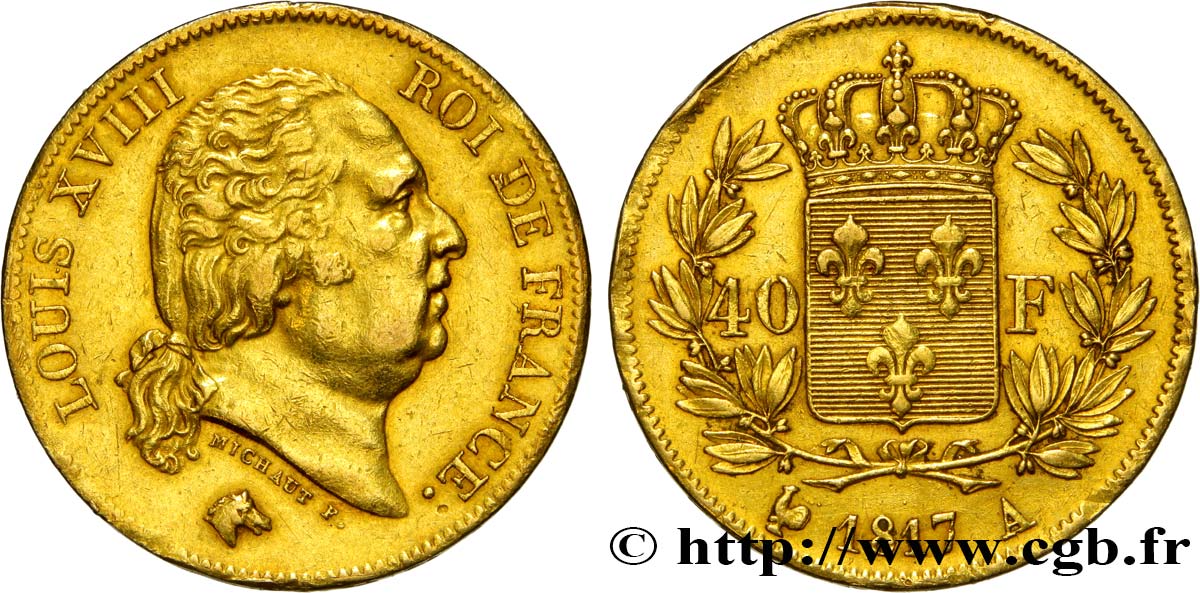 40 francs or Louis XVIII 1817 Paris F.542/6 AU50 