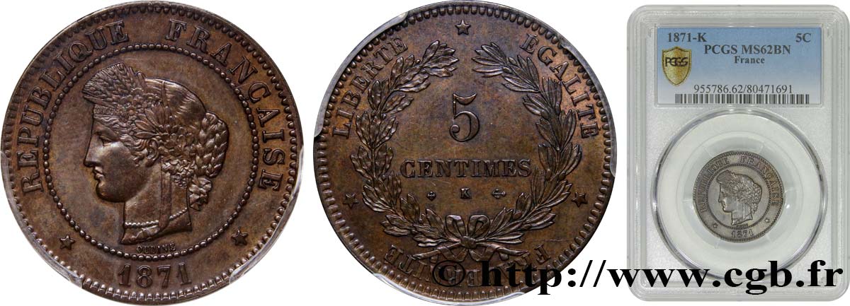 5 centimes Cérès 1871 Bordeaux F.118/3 VZ62 PCGS