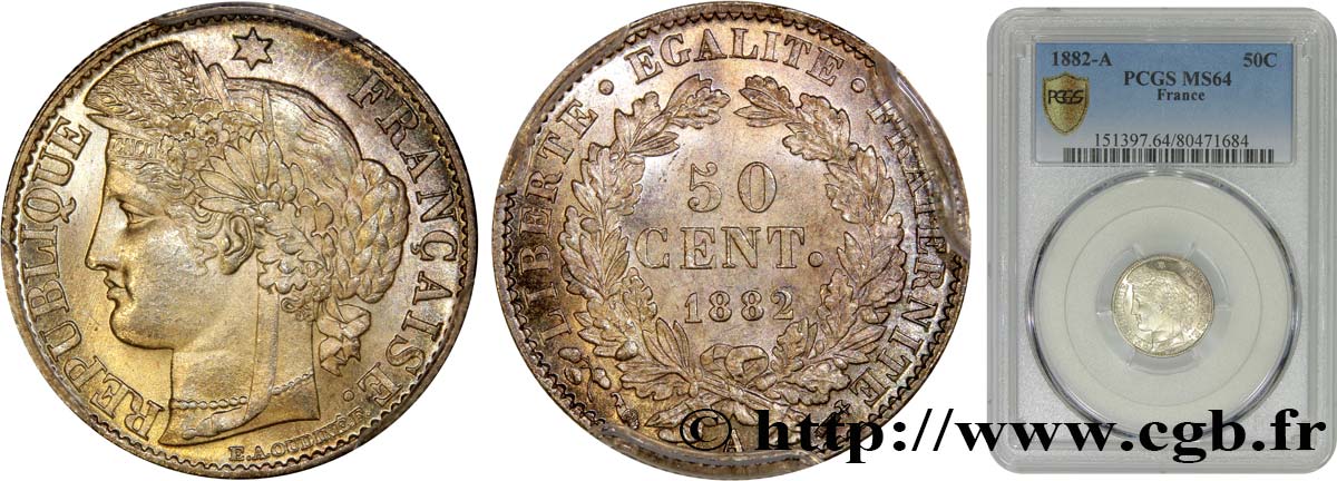 50 centimes Cérès, IIIe République 1882 Paris F.189/10 fST64 PCGS