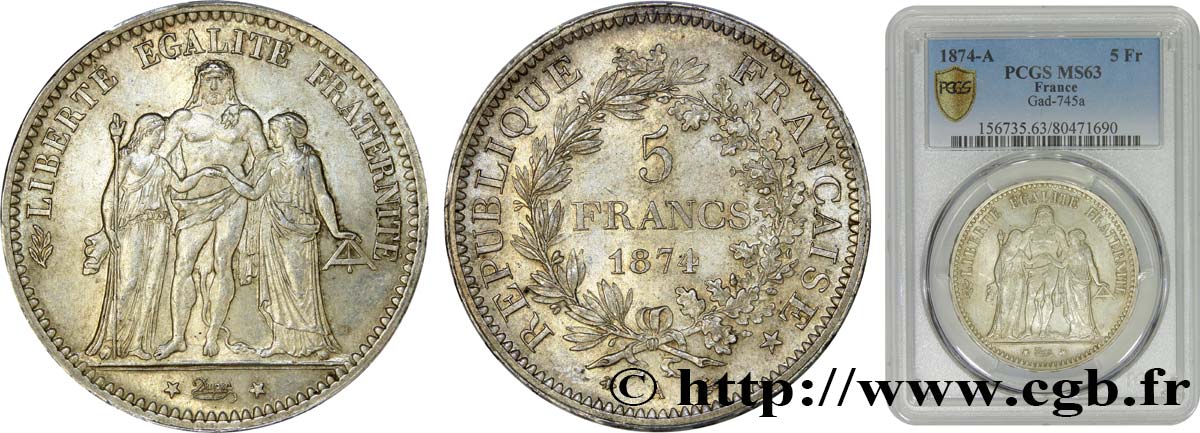 5 francs Hercule 1874 Paris F.334/12 SC63 PCGS