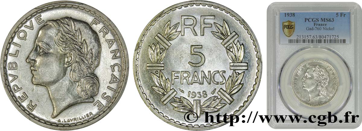 5 francs Lavrillier, nickel 1938  F.336/7 SC63 PCGS