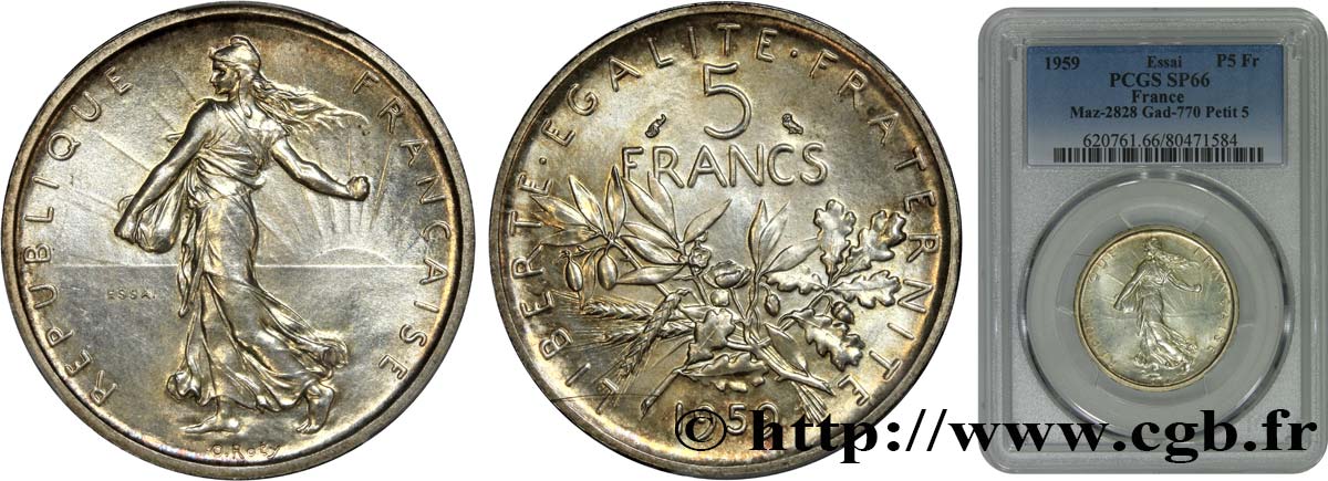 Essai de 5 francs Semeuse, argent, petit 5 1959 Paris F.340/2 MS66 PCGS