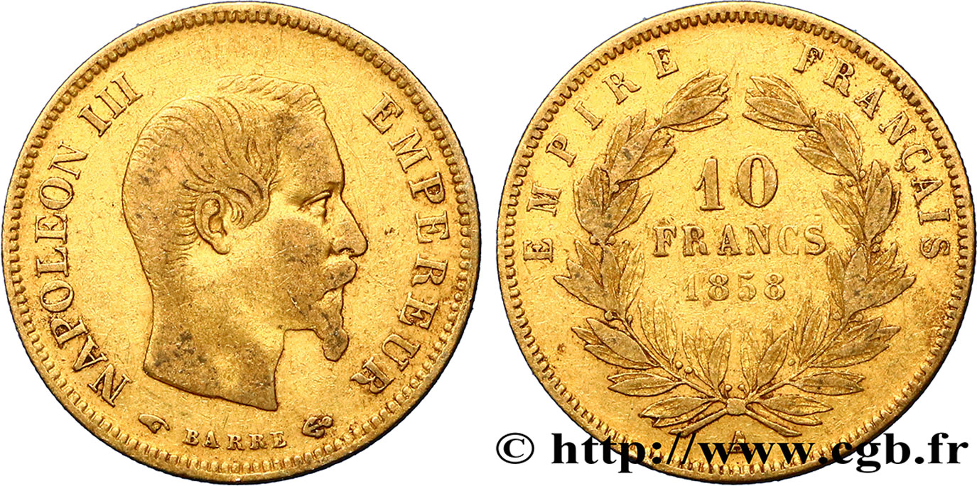 10 francs or Napoléon III, tête nue, grand module 1858 Paris F.506/5 VF25 