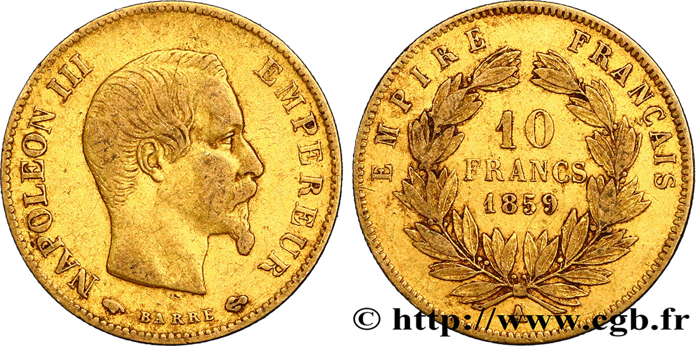 10 francs or Napoléon III, tête nue 1859 Paris F.506/7 VF20 