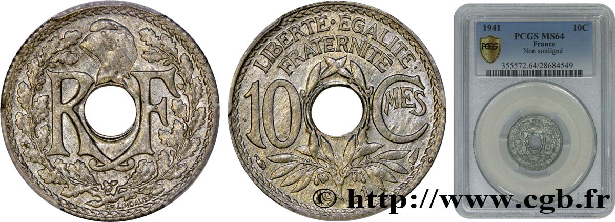 10 centimes Lindauer en zinc, Cmes non souligné et millésime sans points 1941  F.140A/1 SPL64 PCGS