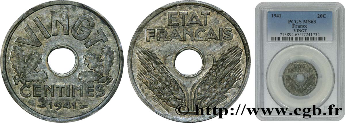 VINGT centimes État français 1941  F.152/2 fST63 PCGS