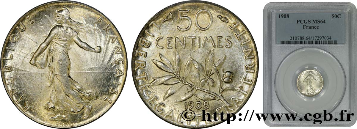 50 centimes Semeuse 1908 Paris F.190/15 MS64 PCGS