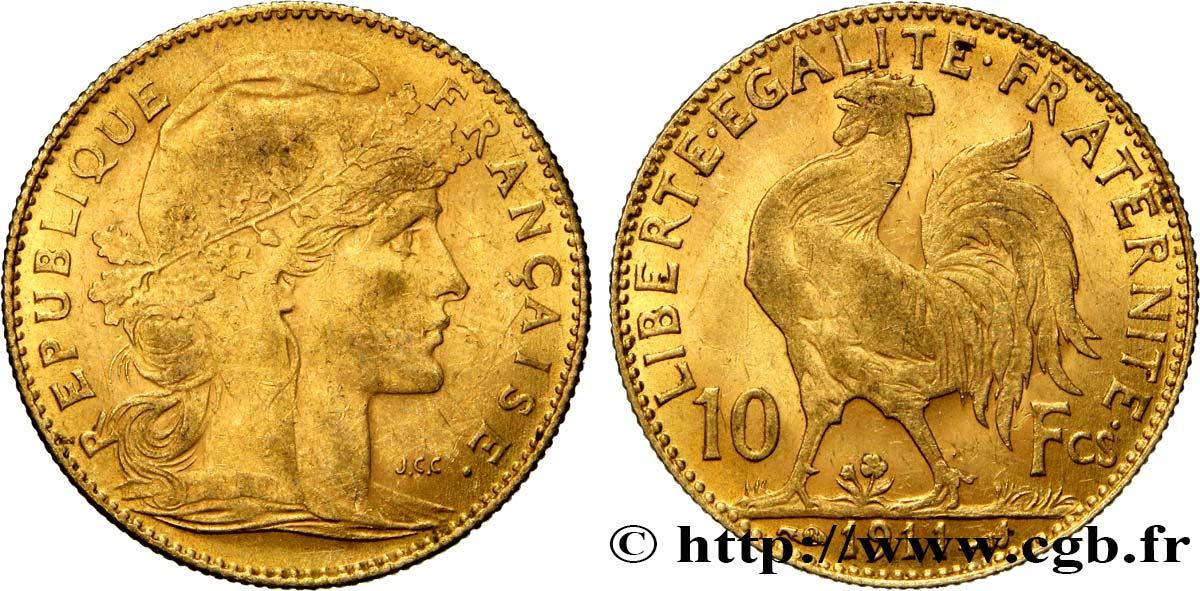 10 francs or Coq 1911 Paris F.509/12 MBC48 