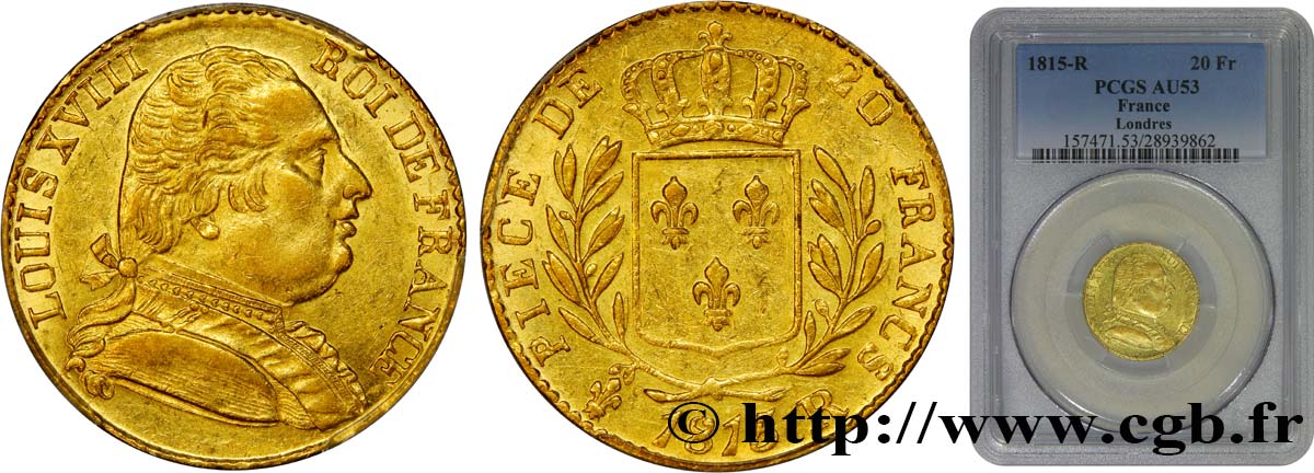 20 francs or Londres 1815 Londres F.518/1 AU53 PCGS