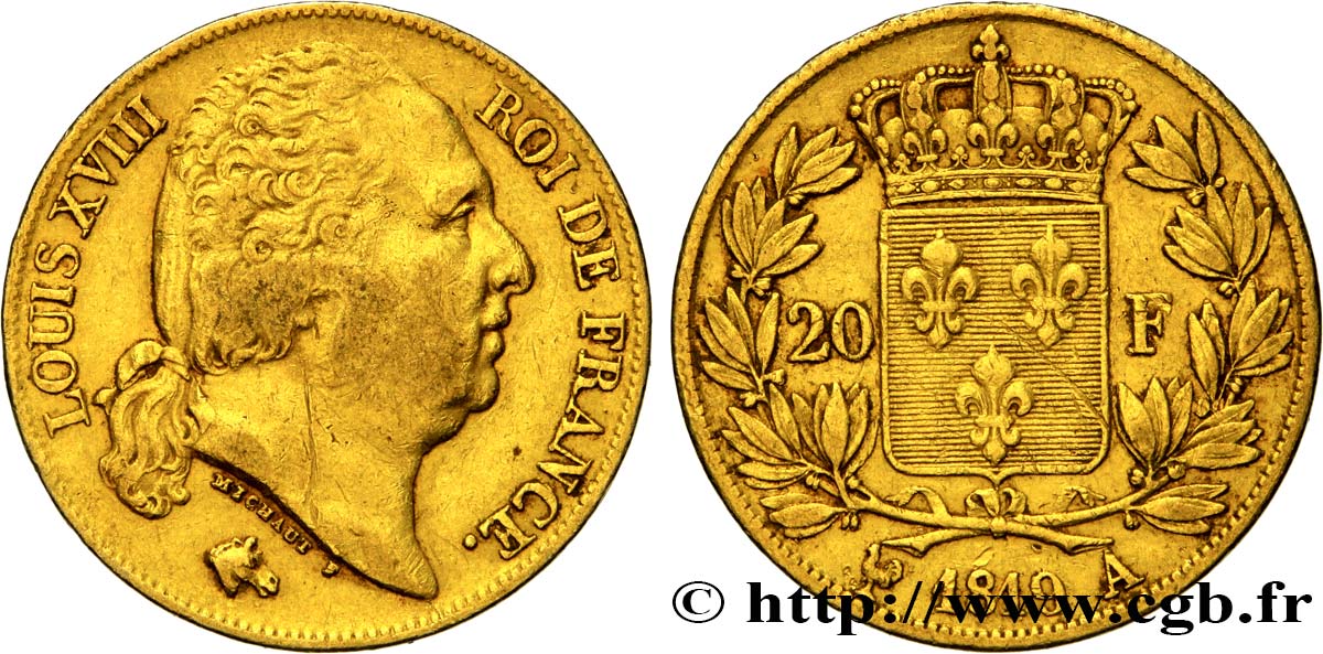 20 francs or Louis XVIII, tête nue 1819 Paris F.519/15 XF40 