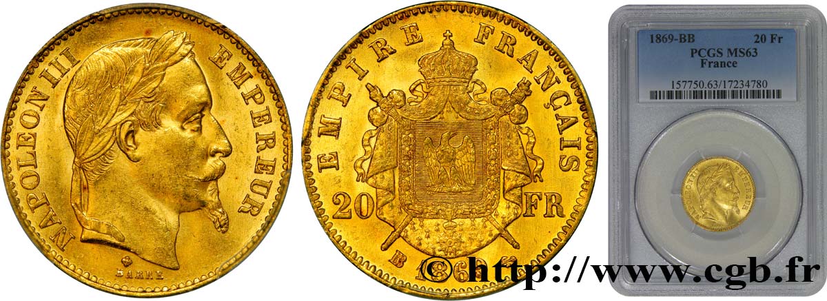 20 francs or Napoléon III, tête laurée, grand BB 1869 Strasbourg F.532/22 MS63 PCGS