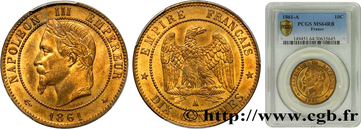 Dix centimes Napoléon III, tête laurée 1861 Paris F.134/4 SC64 PCGS