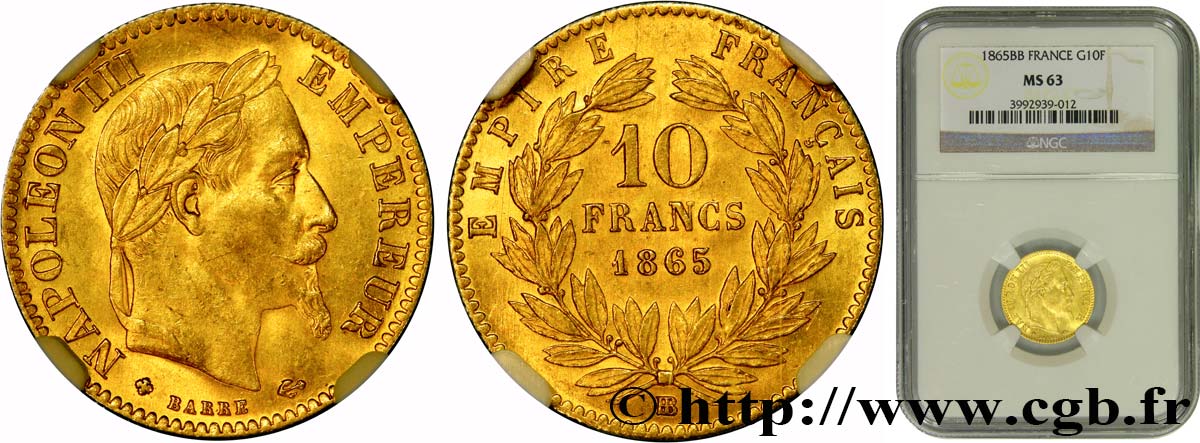 10 francs or Napoléon III, tête laurée 1865 Strasbourg F.507A/10 SC63 NGC