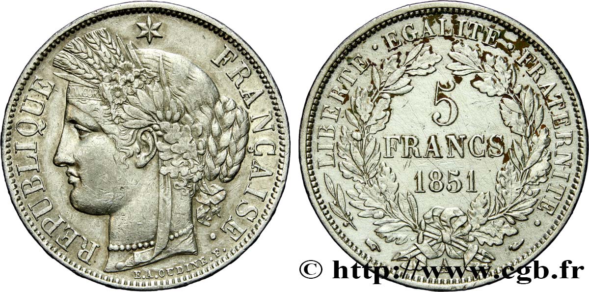 5 francs Cérès, IIe République 1851 Paris F.327/7 SS45 