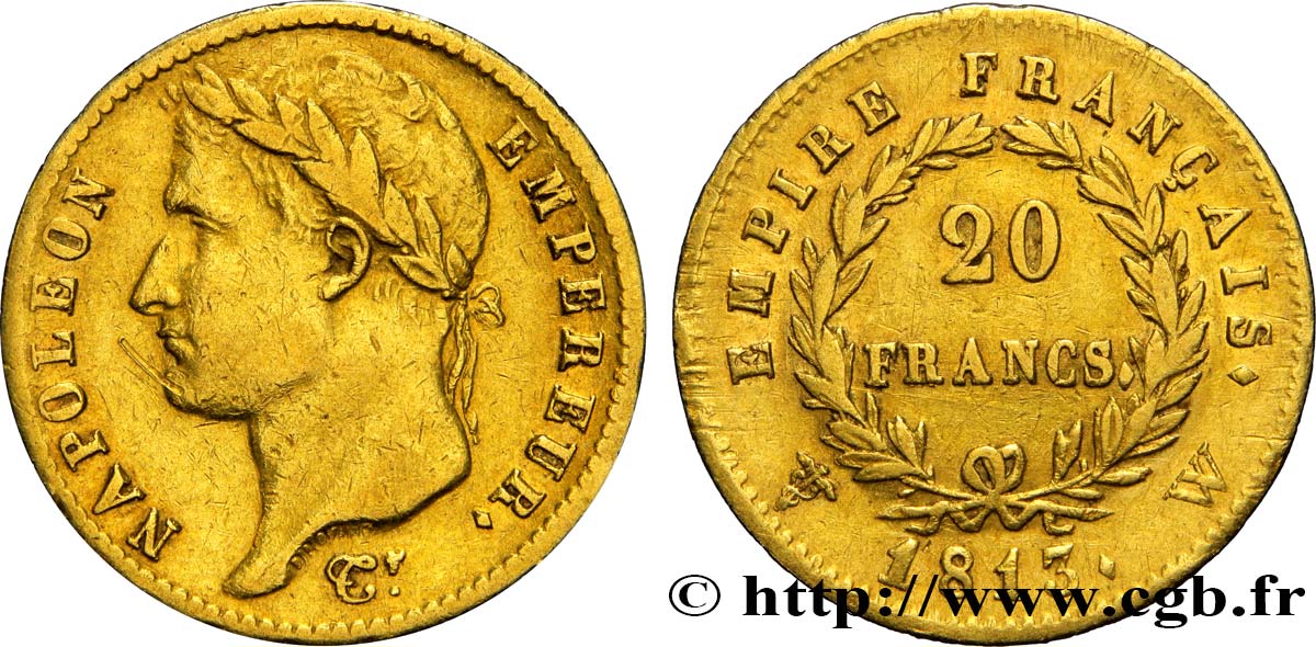 20 francs or Napoléon tête laurée, Empire français 1813 Lille F.516/38 SS45 