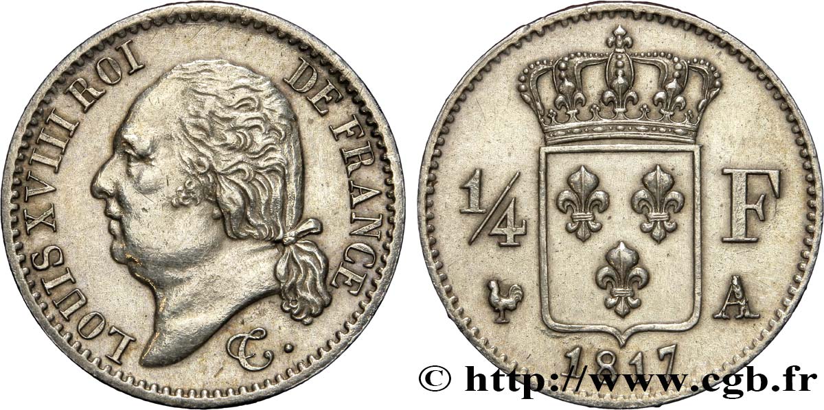 1/4 franc Louis XVIII  1817 Paris F.163/1 AU58 