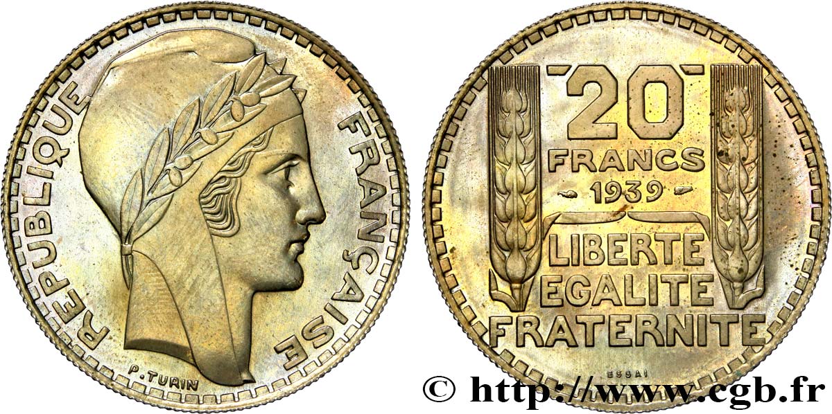Essai de 20 francs Turin, en cupro-nickel 1939 Paris GEM.200 11 MS65 