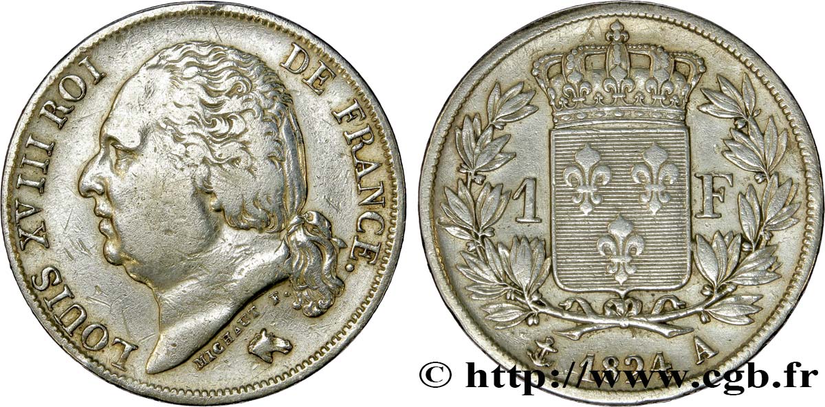 1 franc Louis XVIII 1824 Paris F.206/56 XF 