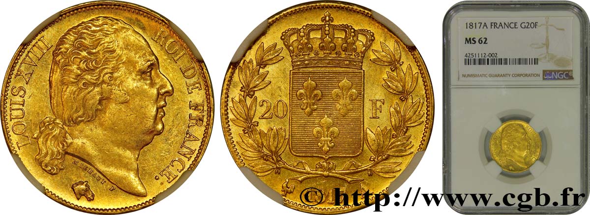 20 francs or Louis XVIII, tête nue 1817 Paris F.519/5 EBC62 NGC