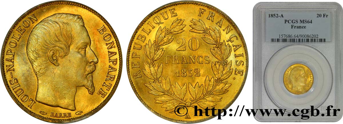 20 francs or Louis-Napoléon 1852 Paris F.530/1 fST64 PCGS