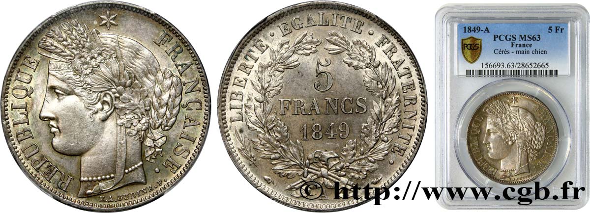 5 francs Cérès, IIe République 1849 Paris F.327/1 SC63 PCGS