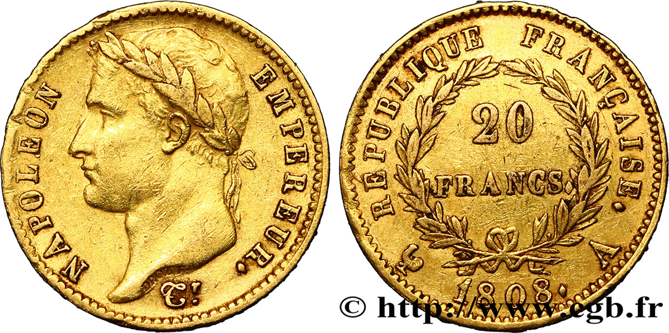 20 francs or Napoléon tête laurée, République française 1808 Paris F.515/2 TTB45 