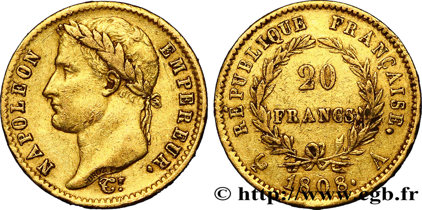20 francs or Napoléon tête laurée, République française 1808 Paris F.515/2 XF42 