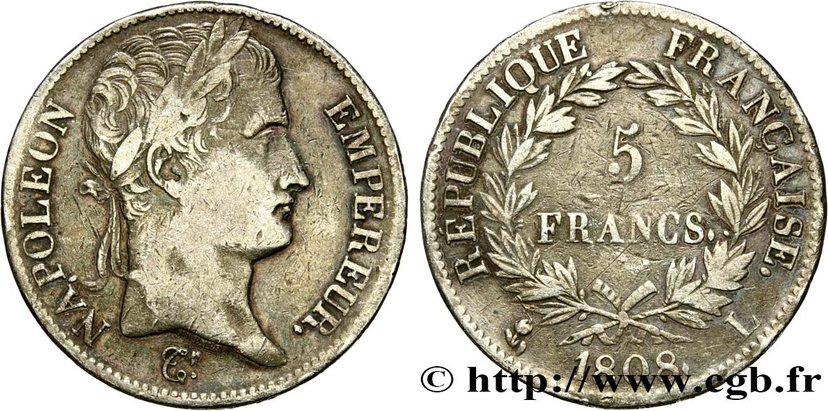 5 francs Napoléon Empereur, République française 1808 Bayonne F.306/9 TB+ 
