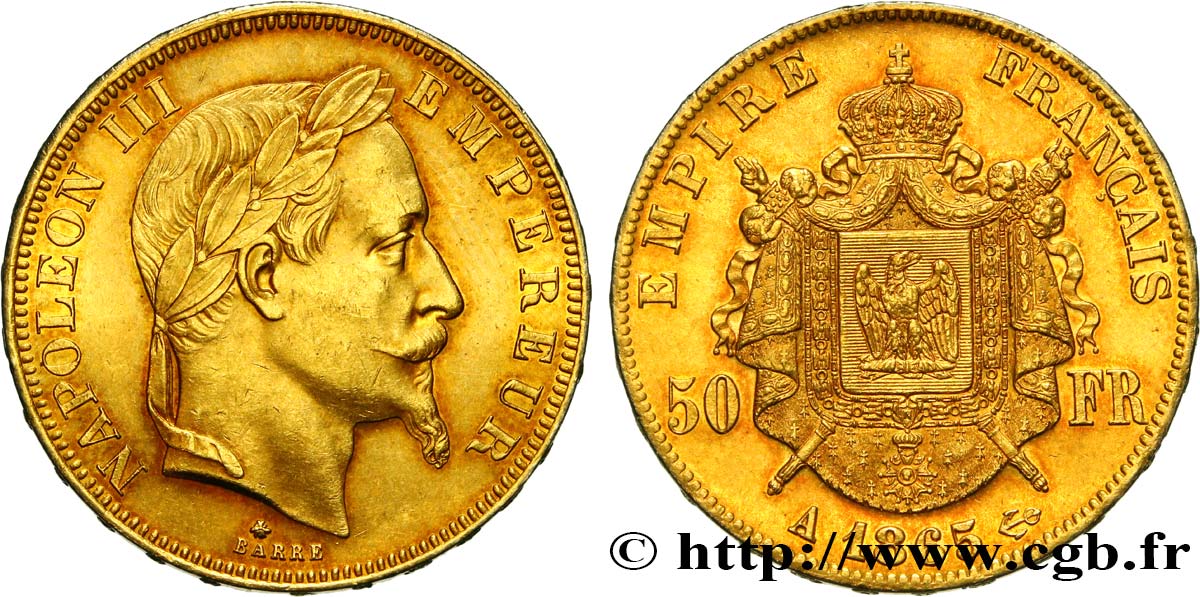 50 francs or Napoléon III, tête laurée 1865 Paris F.548/5 MBC52 