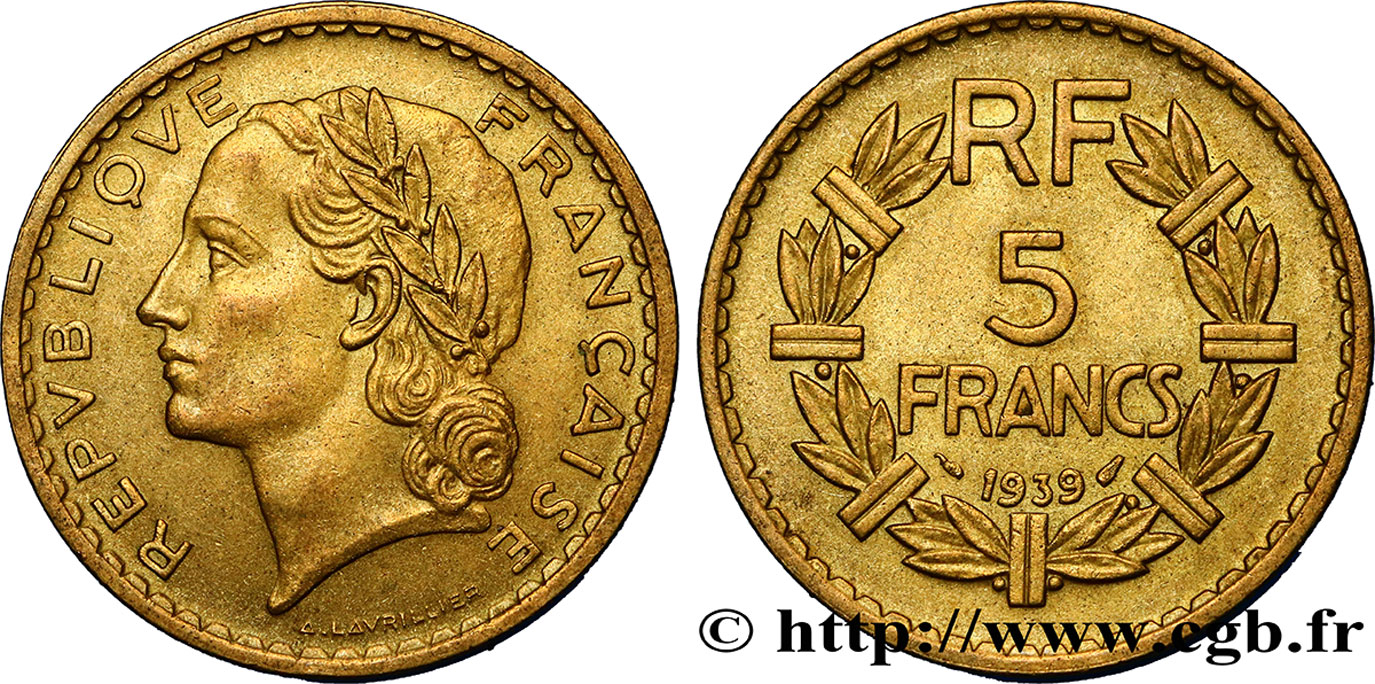 5 francs Lavrillier, bronze-aluminium 1939  F.337/3 SUP55 
