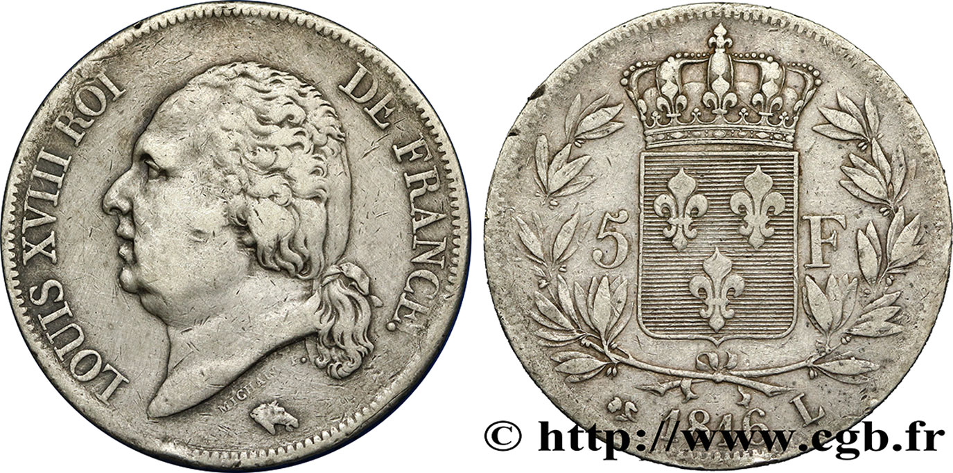 5 francs Louis XVIII, tête nue 1816 Bayonne F.309/8 VF35 