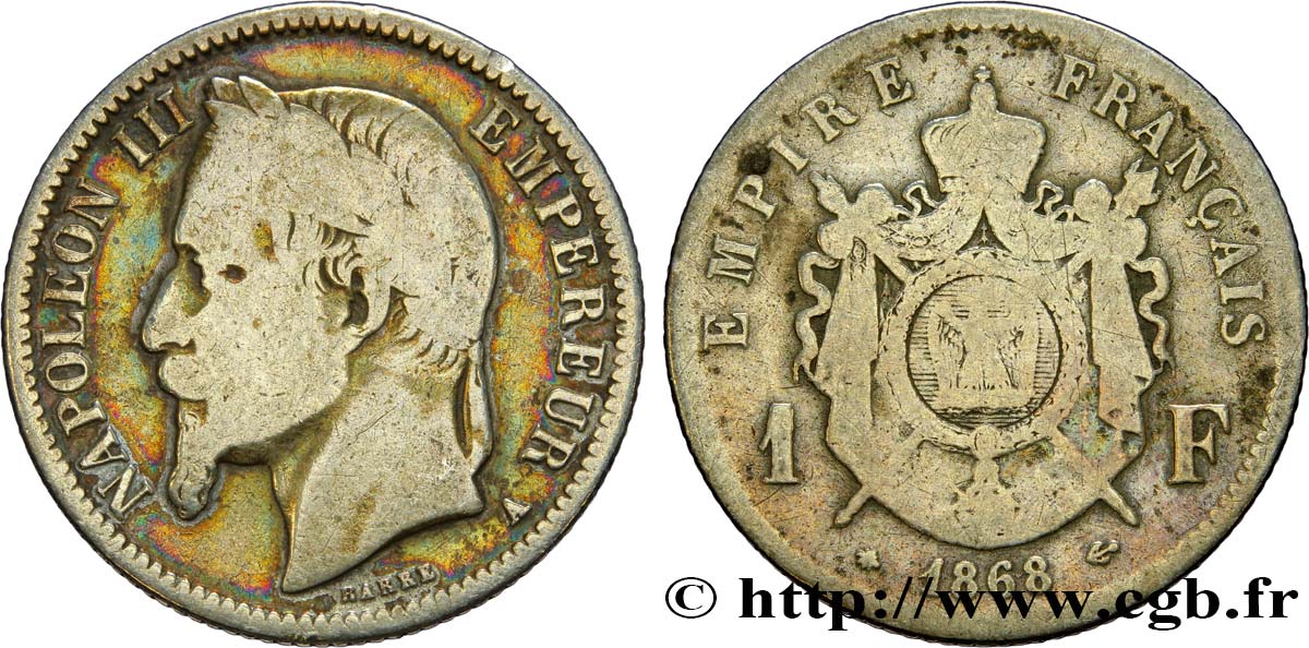 1 franc Napoléon III, tête laurée 1868 Paris F.215/10 F15 