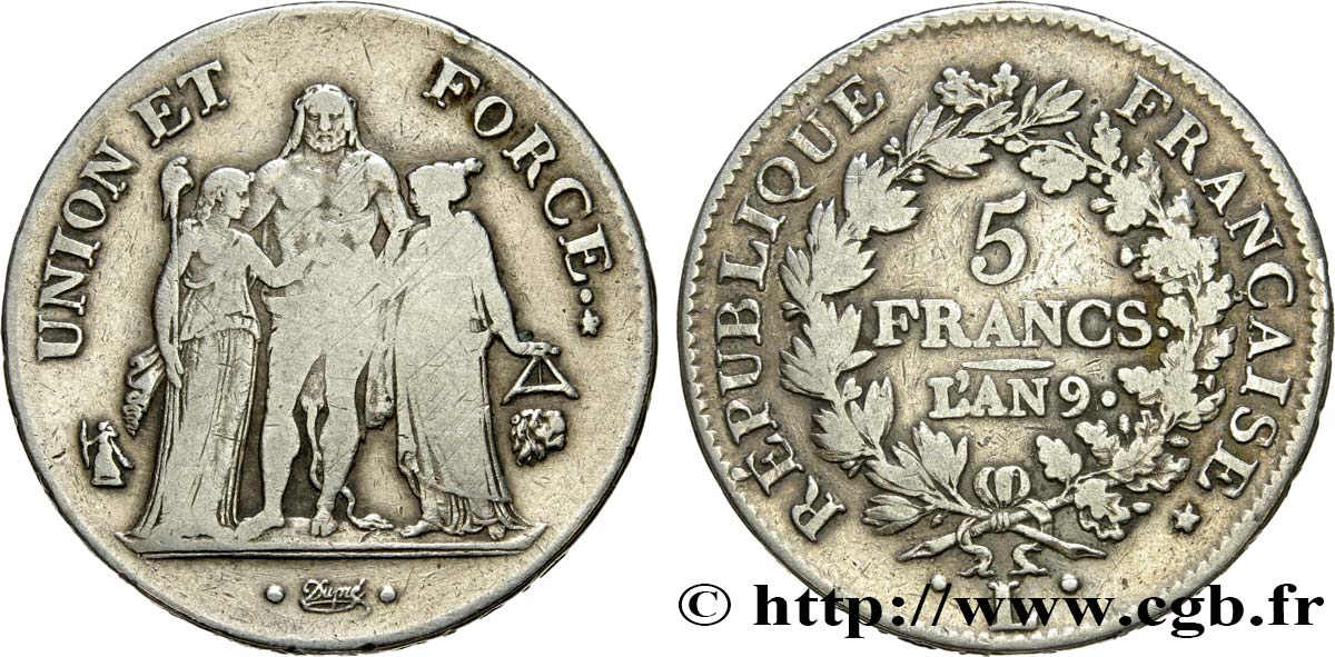 5 francs Union et Force, Union serré, avec glands intérieurs et gland extérieur 1801 Bayonne F.288/161 VF25 
