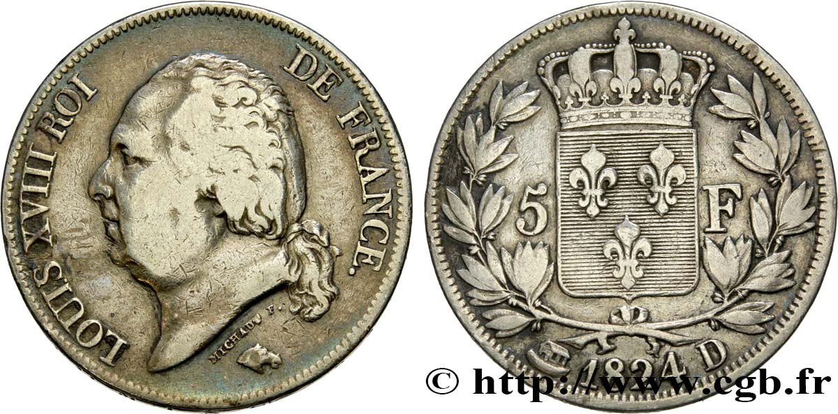 5 francs Louis XVIII, tête nue 1824 Lyon F.309/90 BC20 