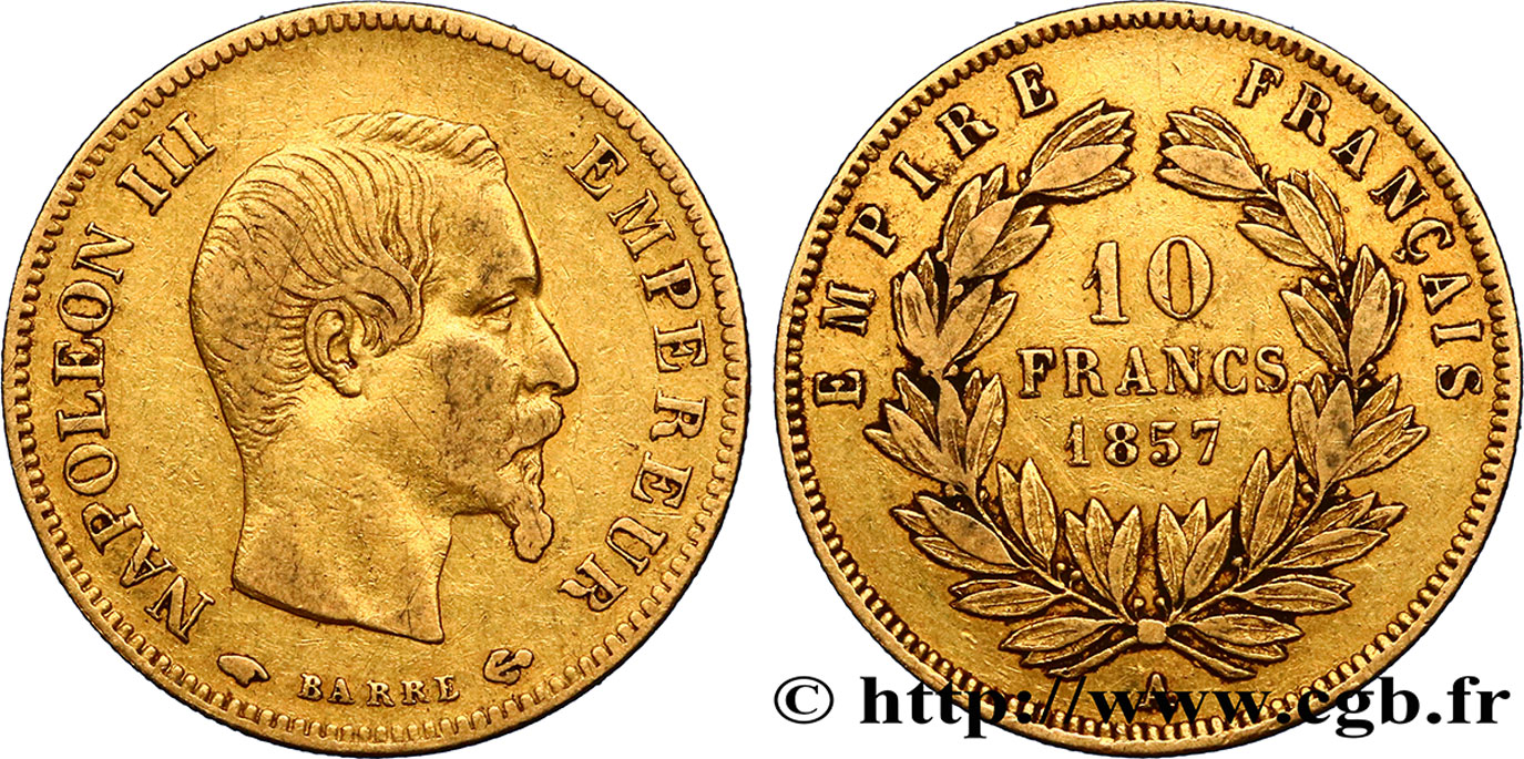 10 francs or Napoléon III, tête nue 1857 Paris F.506/4 VF35 