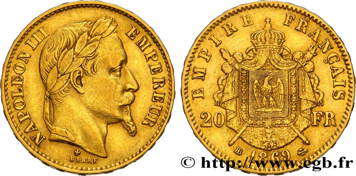 20 francs or Napoléon III, tête laurée 1869 Strasbourg F.532/21 TTB45 