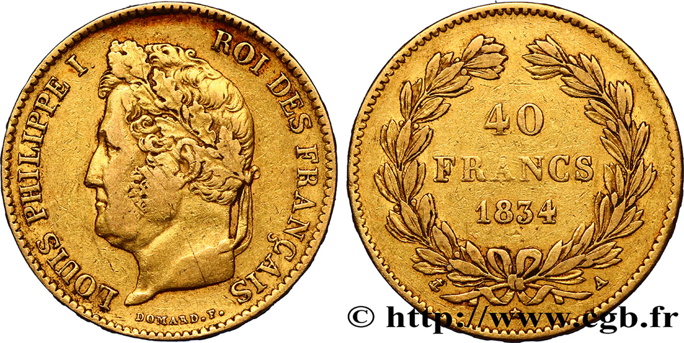 40 francs or Louis-Philippe 1834 Paris F.546/6 VF35 