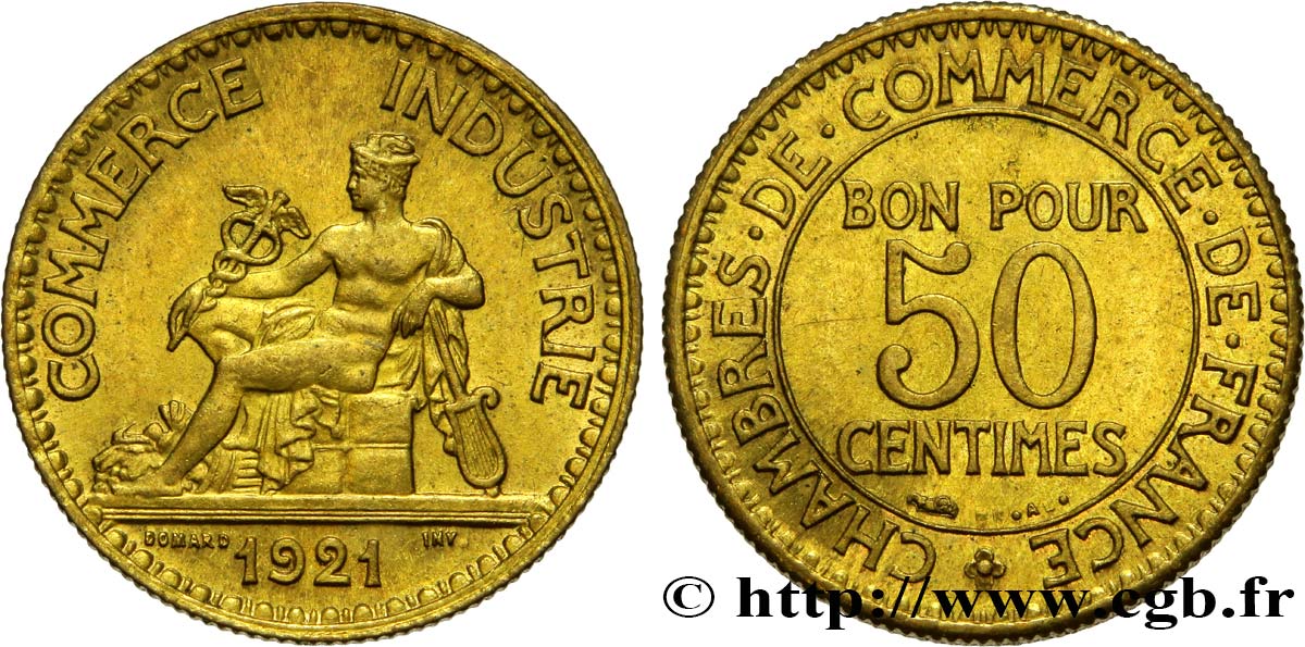 50 centimes Chambres de Commerce 1921 Paris F.191/3 AU58 