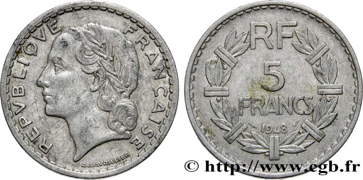 5 francs Lavrillier, aluminium, 9 ouvert 1948  F.339/13 XF45 