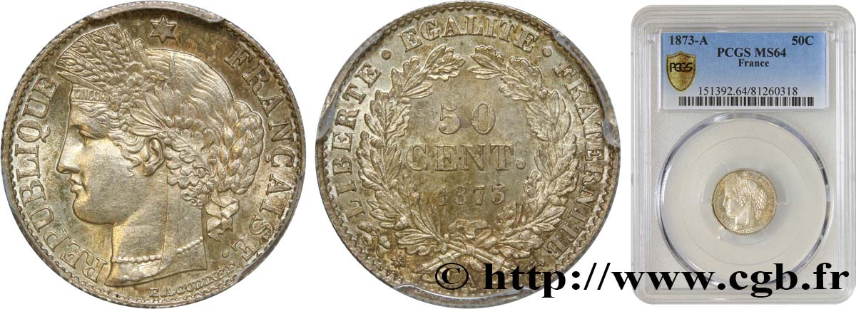50 centimes Cérès, IIIe République 1873 Paris F.189/5 fST64 PCGS