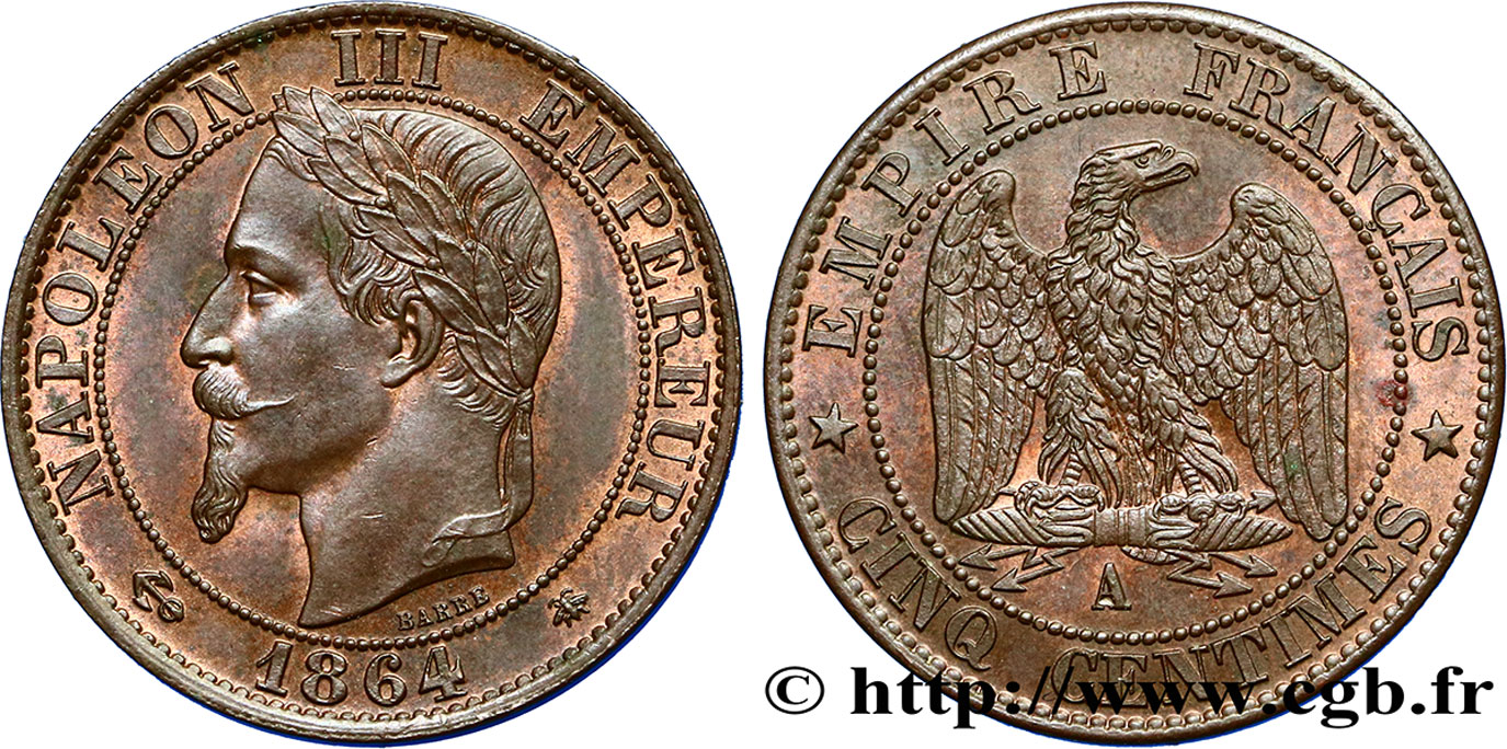 Cinq centimes Napoléon III, tête laurée 1864 Paris F.117/13 SPL58 