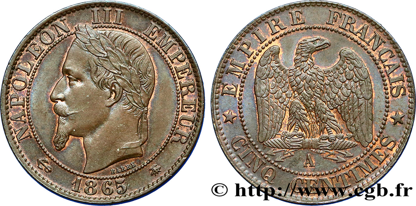 Cinq centimes Napoléon III, tête laurée 1865 Paris F.117/16 SPL58 