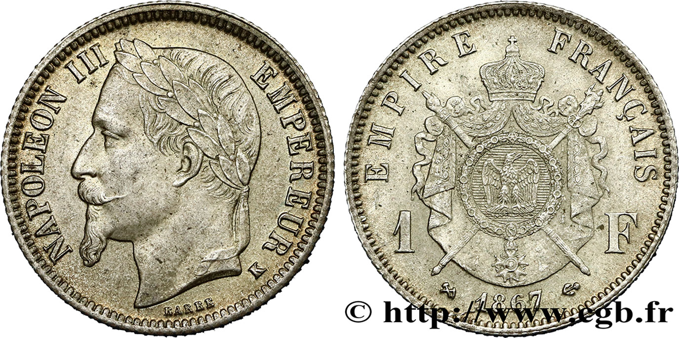 1 franc Napoléon III, tête laurée 1867 Bordeaux F.215/9 fST63 