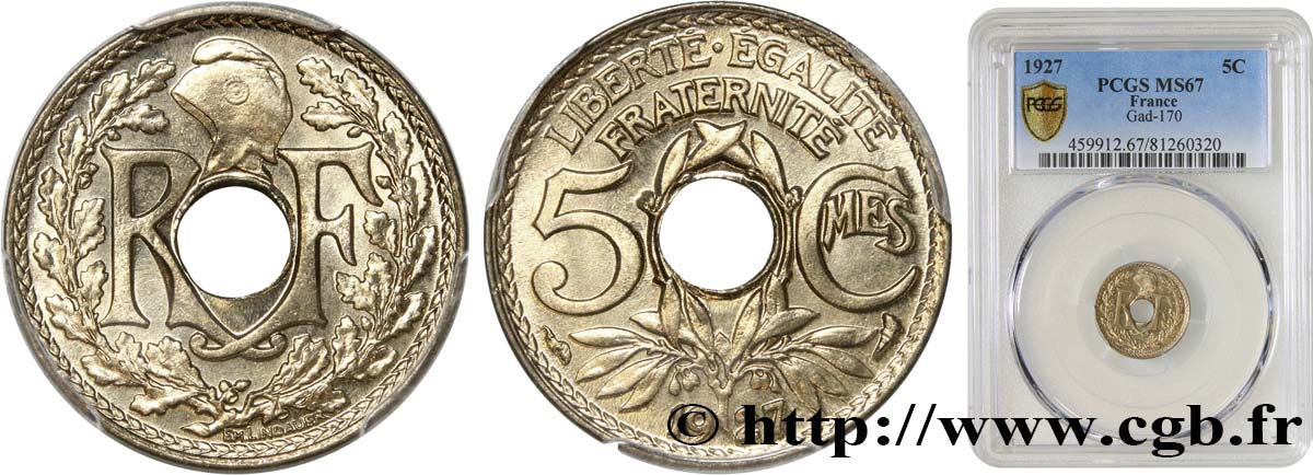 5 centimes Lindauer, petit module 1927  F.122/12 FDC67 PCGS