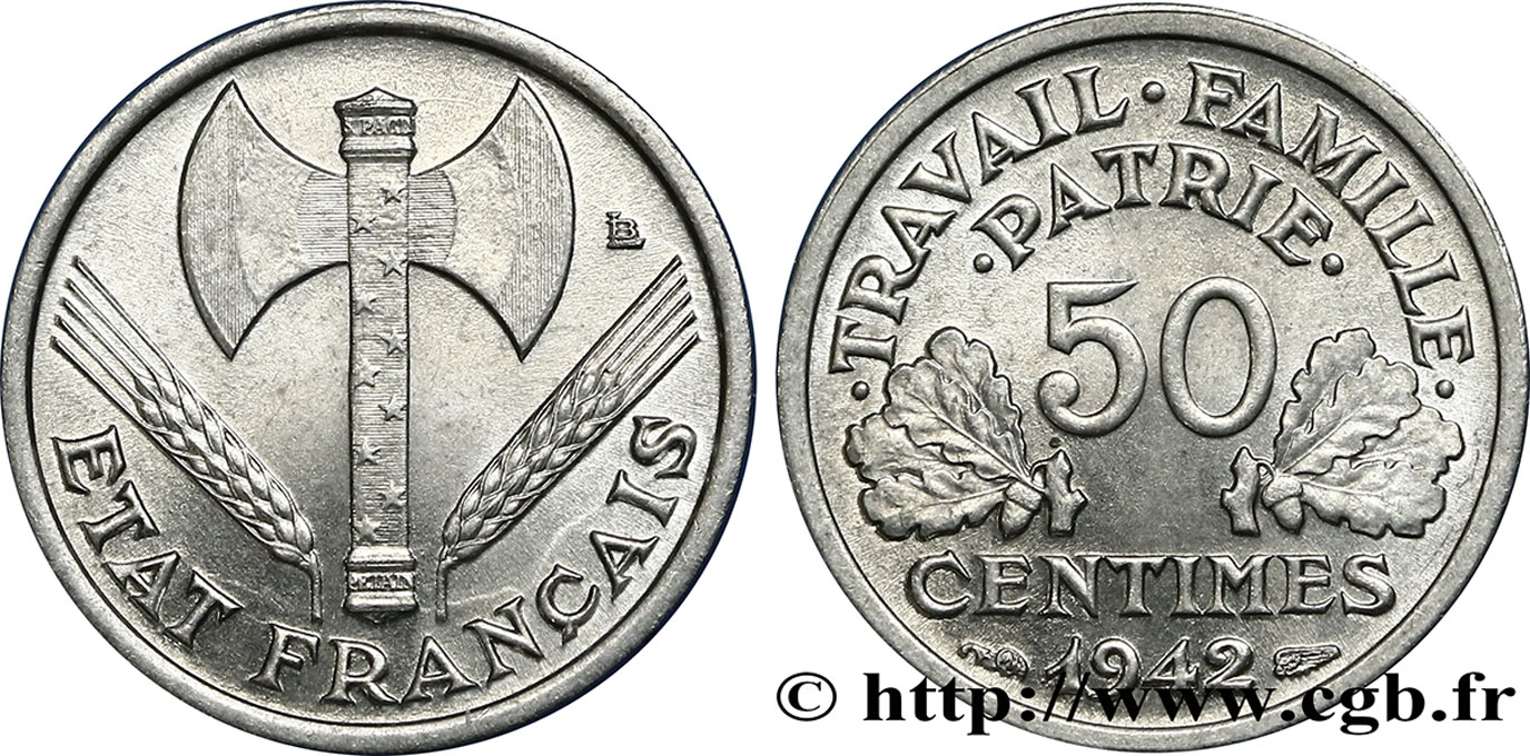 50 centimes Francisque, lourde 1942  F.195/3 MS65 