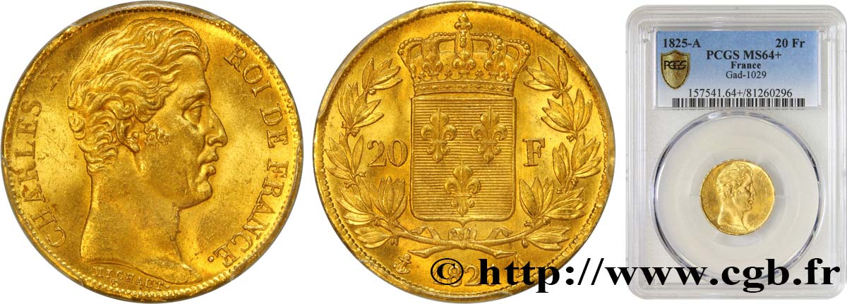 20 francs or Charles X, matrice du revers à quatre feuilles et demie 1825 Paris F.520/1 fST64 PCGS